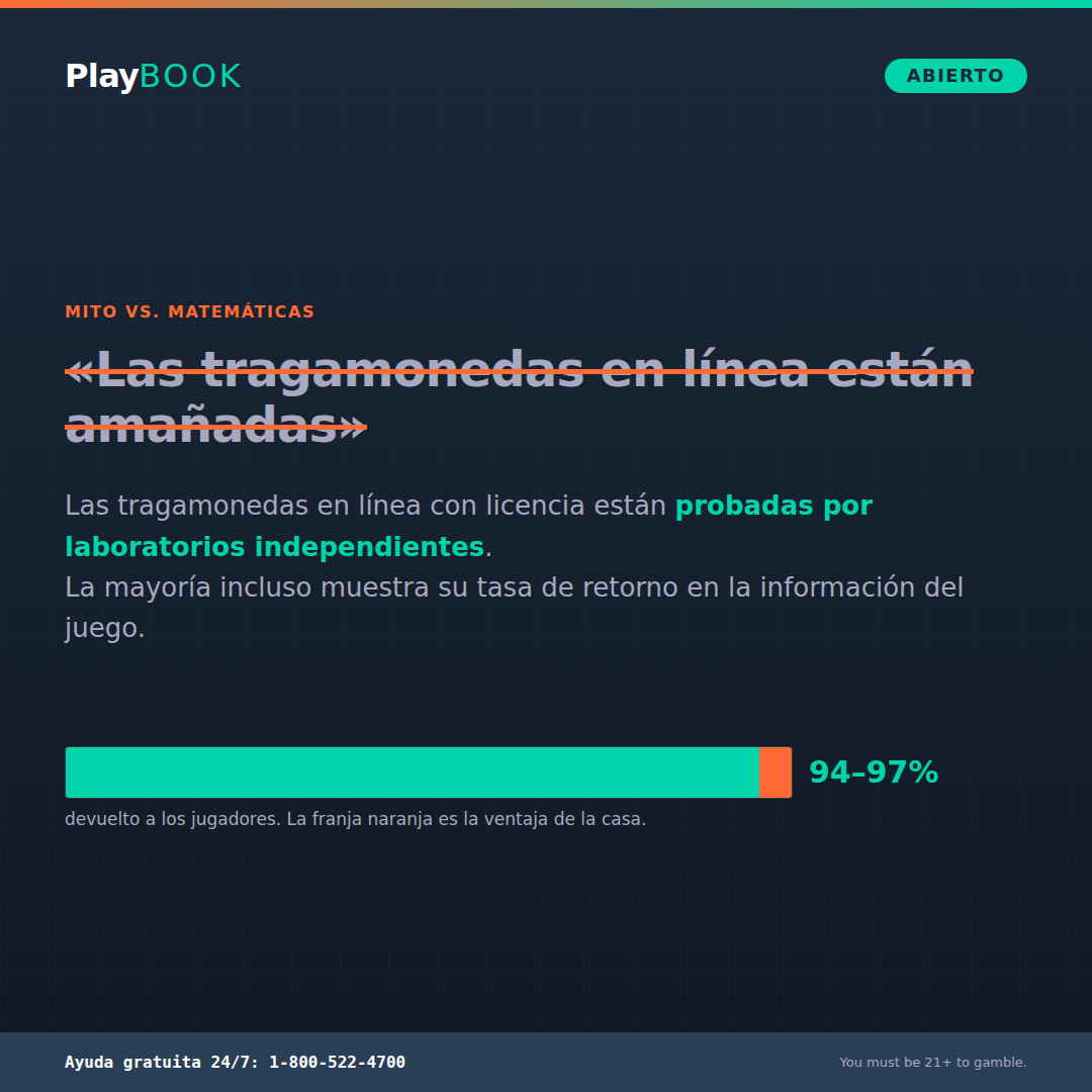 Tarjeta anti-mito de Playbook: «¿Están amañados los juegos en línea?», con voz segura y lenguaje claro