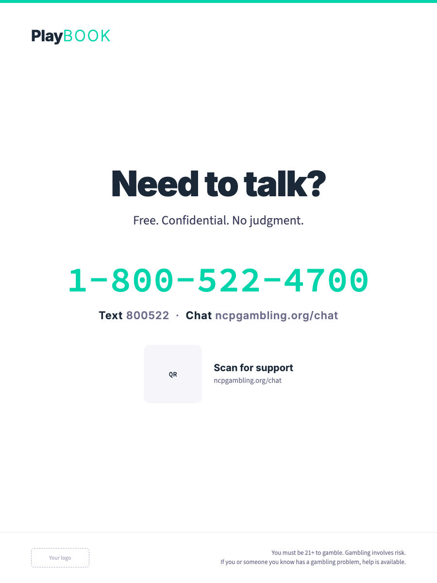 Tier 2 support poster — light background, restrained neutrals with a single teal accent, no orange, no photography, large plain type and a clear helpline in a single column
