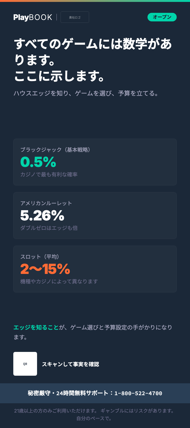 Playbookのラックカード「どのゲームにも数学がある。これがあなたの数学だ。」— ネイビーの背景、ティールとオレンジのハウスエッジの数値、「あなたのロゴ」のコブランディング枠、そしてモノスペースで組まれたヘルプライン番号